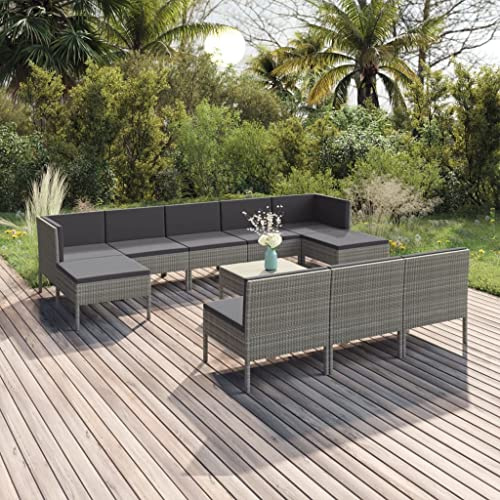 Mandloder 11-TLG. Garten-Lounge-Set, Grau, aus Polyrattan, mit dicken Auflagen, für Terrasse, Balkon, Garten, langlebig, witterungsbeständig