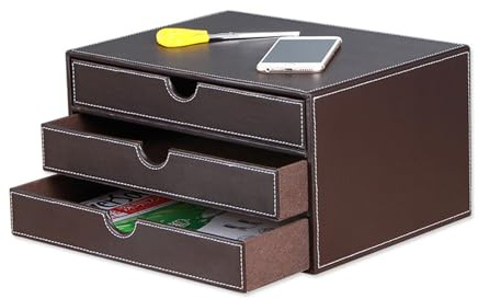 Desktop Leder Schreibtisch Schubladenbox mit 3 Schubladen a4,Aufbewahrungsbox,PU-Leder Schreibtisch organizer Box bürobedarf Briefablag,für Dokumente und Büromaterial,Schmuck,braun