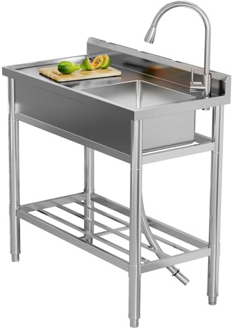 Fregadero de acero inoxidable 76 x 41 x 76 cm, fregadero de cocina independiente, 1 lavabo, fregadero comercial con grifo, mangueras de agua fría y caliente, para lavandería, cocina al aire libre
