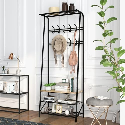 Garderobe Mit Sitzbank & Schuhregal – 4-in-1 Flurgarderobe Mit 5 Haken, 4 Ebenen Ablagen, Metallrahmen & Holzoptik,Platzsparender Hall Tree Für Flur, Bad & Schlafzimmer,Vintage-Farben,Zweireihig 60cm