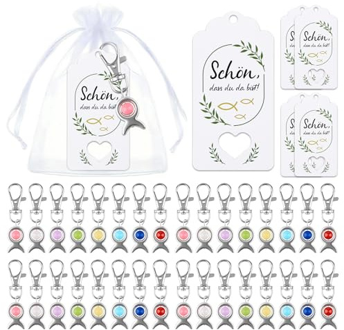 Anruzon 32 Stück Fisch Taufe Deko Anhänger Set mit Organzasäcken Segenskarten für Kommunion, 8 Farben, Hochzeit, Taufe und Party-Geschenk