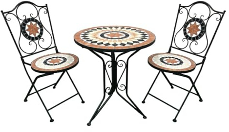 GH Bistro Set, 2 Chairs 1 Table, Ceramic Bespoke Tiled Bistro Set Mosaic for Patio| Balcony| Terrace English Country Style Gardens Weather Resistant| Folding | Creative Mosaic Designs (Burnt Orange)