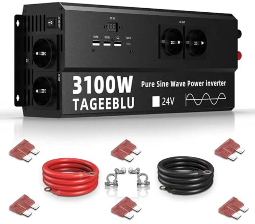 TAGEEBLU 3100W Inversor 24v 220v Onda Pura, Transformador 24v a 220v camion | con clip de cocodrilo, 4 toma de corriente UE, 3 interfaces USB-A, TypeC 30W y pantalla LCD