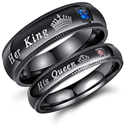 Beydodo Edelstahl Partnerringe 2 Stück Krone Zirkonia Her King & His Queen Partnerring Schwarz Verlobung Ringe Damen Gr.49 (15.6) + Herren Gr.62 (19.7)