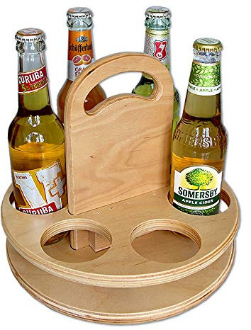 Bierträger Holz Tablett - Flaschenträger Buchenholz lackiert, rund & robust, fertig montiert - zum Tragen & verschenken v. Bierflaschen, Männer-Geschenkidee Bier-Liebhaber & Grillparty