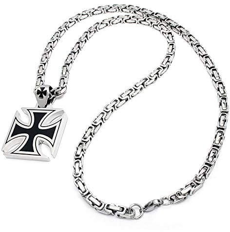 Schmuck-Checker Eisernes Kreuz mit Königskette aus 316L Edelstahl Tatzenkreuz Silber schwarz Bikerschmuck Halskette Männer-Schmuck Herren-Geschenk