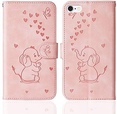 Tiyoo Phone case for iphone 6/6s Embossed Love Heart Elephant Butterfly Pattern Folding Stand PU Leather Wallet Flip Cover Protective Case with Card Slots, Magnetic Closure (Pink)