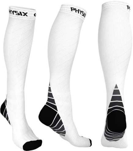 Physix Gear Sport Kompressionsstrümpfe Damen & Herren Stützstrümpfe (20-30mmHg) für Wassereinlagerungen, Flugreisen & Sport Kompressionssocken Langlebige Laufsocken Compression Socks WEIß L/XL