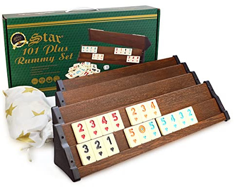 101 Plus Semus Star Rummy Set Okey - Materialien (Kunststoff-Spielbänke mit Holz Optik-Furnier - leicht und stabil & Melaminsteine) mit SEMUS Kugelschreiber (Braun)