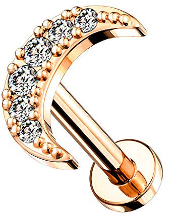 Piercing Stecker Halbmond mit Kristall Glitzer Ohr Cartilage Tragus Helix Ohrpiercing Barbell Stab Platte Lippe Labret Lippenpiercing Rosegold 8mm