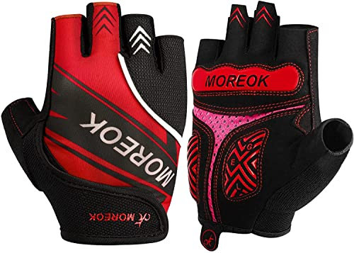 MOREOK Fahrradhandschuhe für Herren Damen Sommer Radsporthandschuhe Halbfinger 5MM SBR Gel rutschfeste/stoßdämpfende Handschuhe hellrot-L