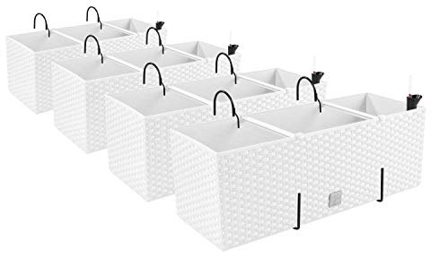 4 fioriere in stile rattan con supporti, vaso da balcone, con indicatore del livello dell'acqua