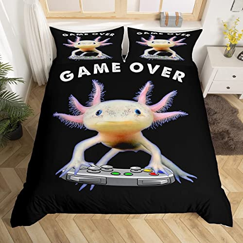 Axolotl Comforter Cover, Cute Axolotl Play Gamer Bedding Set Single For Kids Boys Teens Games Room Decor, Mexican Animal Duvet Cover Aquatic Reptile Axolotl Quilt Cover With 1 Pillow Case, Black
