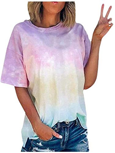 Tshirt Damen Tie Dye T-Shirt Damen Bunt Batik Shirt Rundhals Kurzarm Bluse Oberteil Frauen Mode Farbverlauf Longshirt Sommer Tops Lang Oversize Tee Tshirt