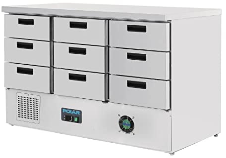 Polar Refrigeration G-Series 235W Kühltheken-Kühlschrank 368 Liter mit 9 1/1 GN-Schubladen, Edelstahl, 2°C bis 5°C, 880(H) x1365(B) x700(T) mm, Energieklasse D, R600A | FA441