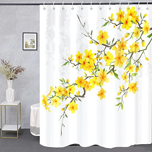 GKLEASG Rideau de douche à motif floral jaune, tissu imperméable durable lavable en machine avec crochets pour salle de bain baignoire 183 x 183 cm