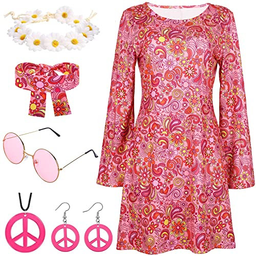 YADODO Hippie Kostüm Damen Kleid Set Mit 60er 70er Jahre Bekleidung Damen Kleid Boho Hippie Kleidung Accessoires Disco Outfit Kostüm Frauen 70er Mode Faschingskostüme für Karnevall Motto- Party(L)
