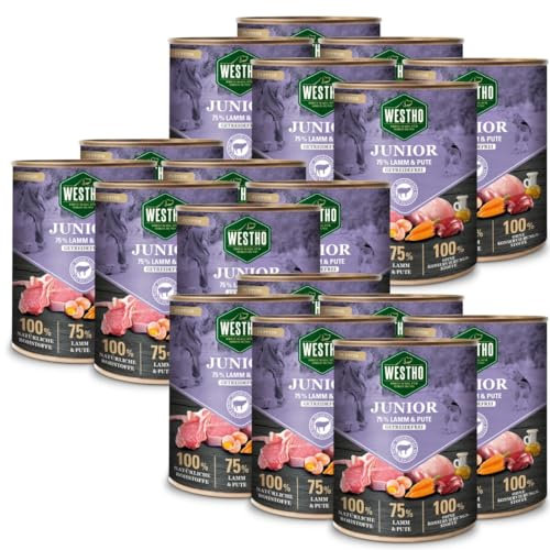 WESTHO Hundefutter Nassfutter Junior (18 x 800g) | 75% Weidelamm und Pute in Lebensmittelqualität | Getreidefrei | Für Welpen und Junghunde Aller Rassen | Gesundes Wachstum