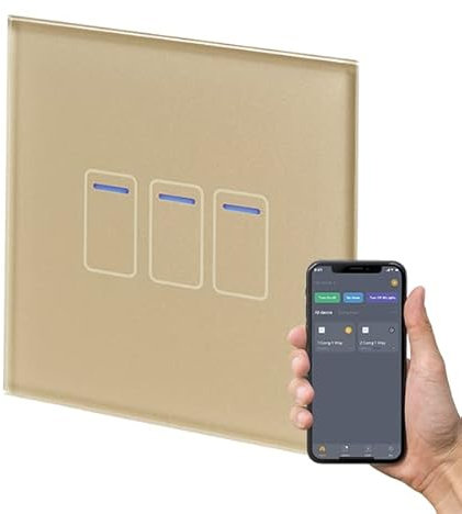 Retrotouch Crystal+ Touch WiFi Switch | 3 Gang Smart Light Switches | Multi Control | Remote Control | App Compatible With Alexa & Smart Life | Brass Glass Finish | LED Indicator
