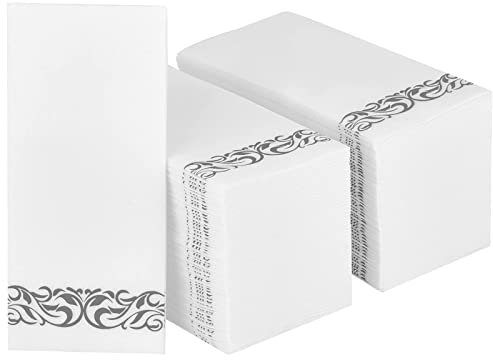 LEKOCH 100 PCS Einweg Servietten Weiß mit Grau Design, Air Laid Stoffähnlich Servietten Für Hochzeit Premium QUALITÄT, 43x30 cm