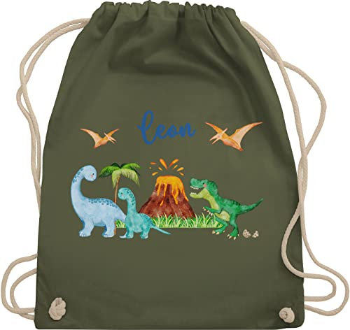 Turnbeutel Rucksack - Geschenk Dinosaurier personalisiert mit Name I Dino I Dinos - Unisize - Olivgrün - sportbeutel junge kita beutel für wechselwäsche tier trex stoffbeutel