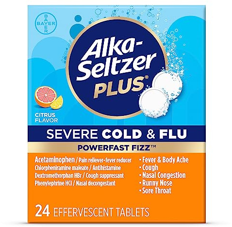 Alka-Seltzer Cold, Cold & Flu + Congestion Severe Fast Dissolve Tablets, Flu Medicine, Multi-Symptom Relief, Body Aches and Pains, Fever Reducer, Congestion Relief, Citrus Flavor, 24 Count