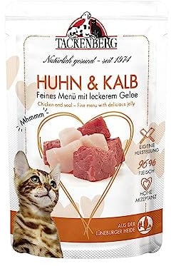TACKENBERG Katzenfutter Huhn und Kalb, Nassfutter für Katzen - 24x85 g - Hochwertiges Katzennassfutter für eine ausgewogene Ernährung in Premiumqualität - ohne Zuckerzusatz, 24x85 g