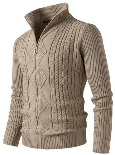 Harbrosrce Men's Cable Knit Cardigan Casual Stand Collar Sweaters Slim Fit Full Zip Jumper Knitwear Jacket for Winter Autumn Beige