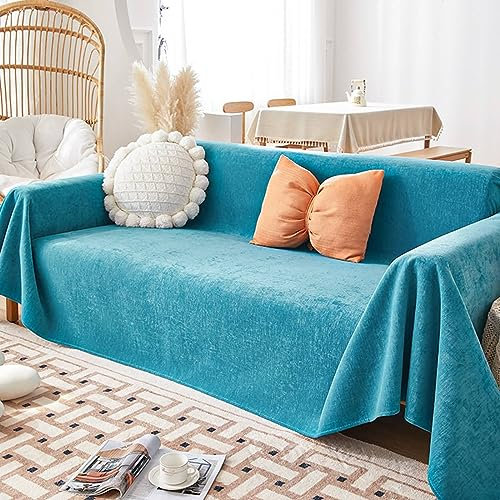 Homxi Sofaüberwurf Zweisitzer,90x210CM,Sofa Überzug Einfarbig Chenille Überwurf Sofa Handtuch Sofa Blau Couch Überzug Universal