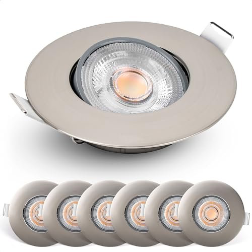 EMOS LED Einbaustrahler 230V dimmbar, 4,9W / 480lm, 50° schwenkbar, warmweiß 2700K | Set mit 6 Stück Einbaustrahler LED Spot ultraflach, rund | Deckenspots LED dimmbar für Innenräume, Farbe silber