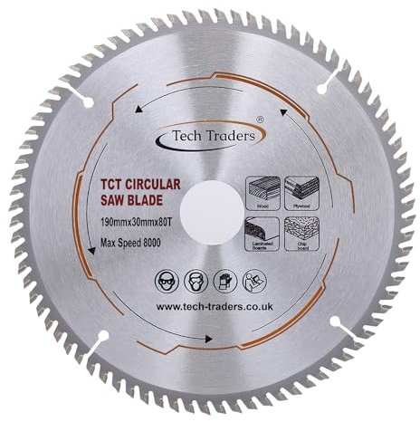 TCT1903080T Tech Traders TCT Circular Wood Saw Blade 190mm x 30mm bore x 80T for Makita Dewalt Bosch