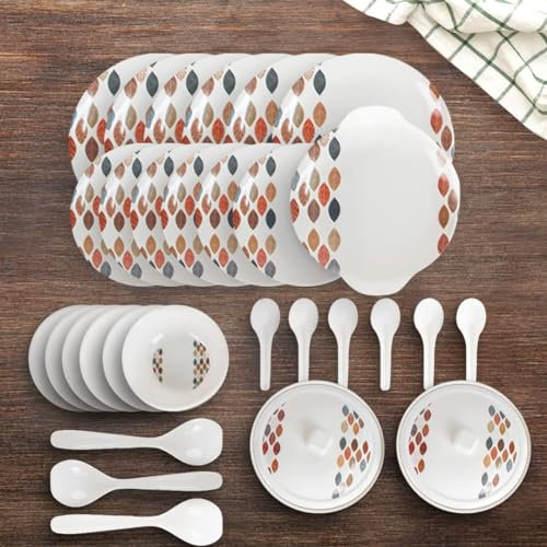 Four Leaf Dine Smart Melamine 32 Pieces Stylon Dinner Set Heat-Resistant | Durable | Shatter-Resistant | Light-Weight | BPA Free (Leaf Dot)