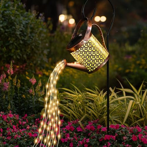 Solar Gießkanne mit Lichterkette Aussen Gartendeko, Solarlampen für Außen Garten LED Lichter with Schäferhaken, Außen Wasserdicht Gartendeko Gießkannenlicht Lichter für Garten Hofweg Balkon Terrasse
