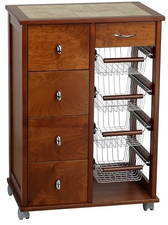 Totò Piccinni Carrellino in Legno da cucina con Rotelle Mattonelle e Cestelli in Acciaio (Ciliegio, Pokerino + Salvaspazio)