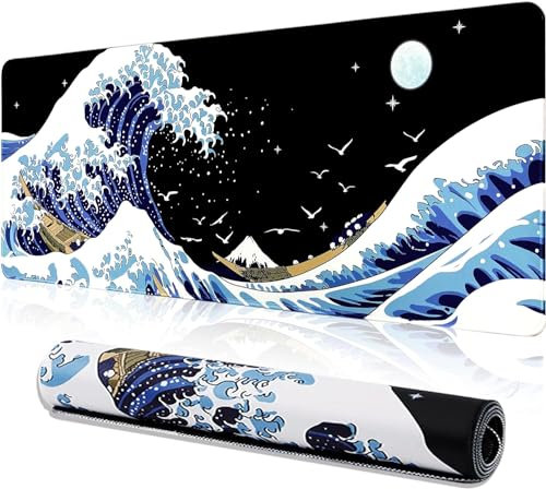 INFIBLA Gaming Mouse Pad, Tappetino Grande per Tastiera PC Impermeabile e Antiscivolo 31,5 x 11,8 Pollici 2mm Spessore XL, XXL Rubber Table Mat, Kanagawa Surfing e Black Japanese