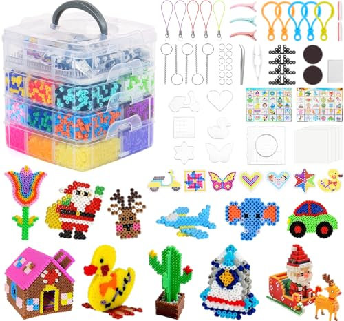ilauke Fuse Beads Kit- 14900Pcs 5mm Iron Beads Set, Arts and Crafts Set for Kids in 30 Colors with 7 Pegboards, 2 Tweezers, 5 Ironing Paper, 120 Patterns, Fuse Bead Craft Kit for Kids DIY Crafts