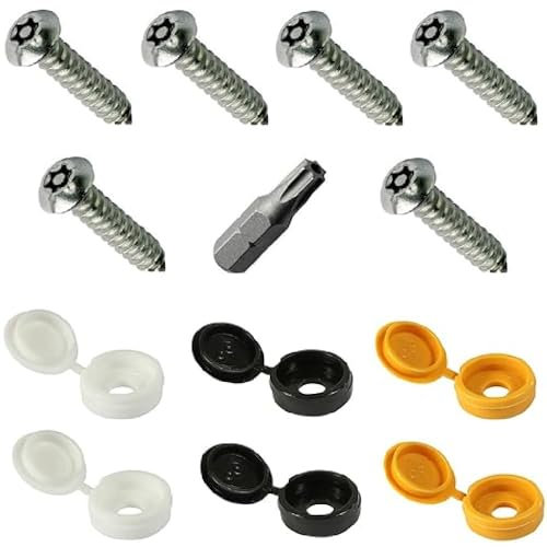 RADSO® Number Plate Anti-Theft Security Screws Cover Kit with Torx Security Bit - 13 Pieces set - Includes Black, White and Yellow Plastic Hinged Caps