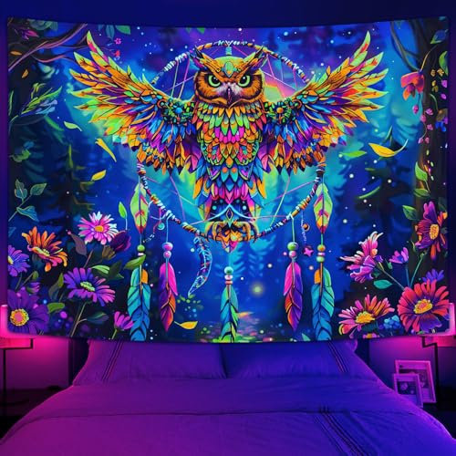 Wandteppich mit leuchtenden Eulen, UV-reaktiver psychedelischer Traumfänger, neonfarbenes Blumen-Tier-Wandbehang, Gothic-Wächter-Design, 60 x 40 cm