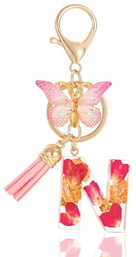 MWOOT Letter Keychain Initiale Schlüsselanhänger Buchstabe N,Alphabet Harz Buchstabe mit Blume Key Chain mit Schmetterling Quaste Anhänger Handtasche Charm,Rosa Blütenblatt Keyring für Frauen(N)