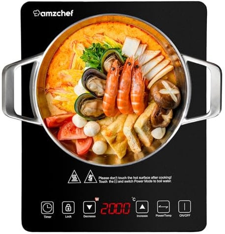 Single Induction Hob, AMZCHEF 2000W Induction Cooker with Slim Design of 4.45cm, 20 Power Levels and 20 Temperature Settings, Fashionable Black Glass Panel, Touch Sensor, Hour Timer, Safety Lock