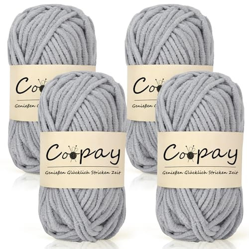 Coopay Lana di ciniglia Chunky per uncinetto, 4 gomitoli spessi da 50 g, per lavorare a maglia, super soffice, per coperta, filato di ciniglia grossa, per cappelli, sciarpe, calze, borse, grigio