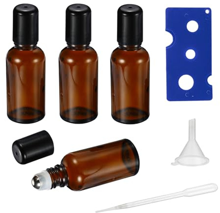 HEYLEAYAR Roller Bottles, Amber Glass Perfume Bottles Empty Essential Oil Roller Bottle with Extra Stainless Steel Roller Balls, Opener, Funnel, Pipette, Amber, 20ml_4pcs, Modern