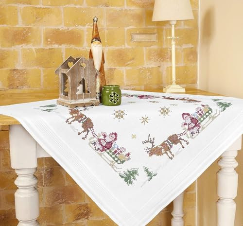 KAMACA Stickpackung Weihnachtsmann mit Rentieren Kreuzstich vorgezeichnet Baumwolle komplettes Stickset mit Stickvorlage Stickerei-Kit zum Selbersticken Erwachsene (Weihnachten MD 80x80 cm)