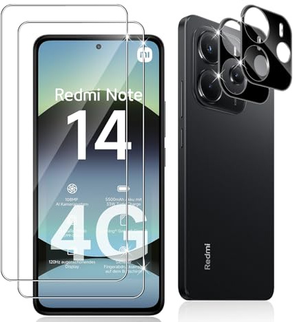 Datree 2 Piezas Protector de Pantalla para Xiaomi Redmi Note 14 4G, con 2 Piezas Protector de Lente de Cámara (Negro), Dureza 9H Sin Burbujas, HD Anti-Arañazos Cristal Templado Película