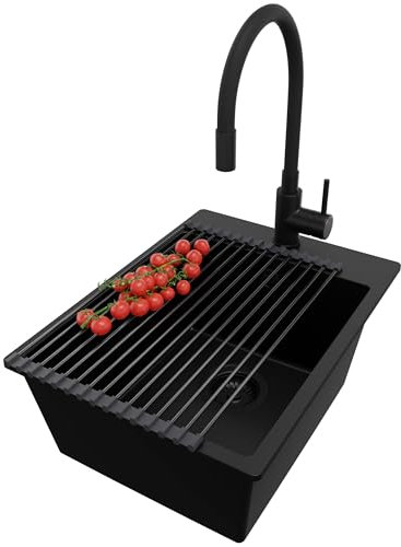 PRIMAGRAN Evier Cuisine en Granit Tout Noir 38x50cm, Lavabo 1 bac + Kit de Vidage + Robinet 40x38cm + Égouttoir Enroulable, Évier à Encastrer au meuble 40cm - Riga