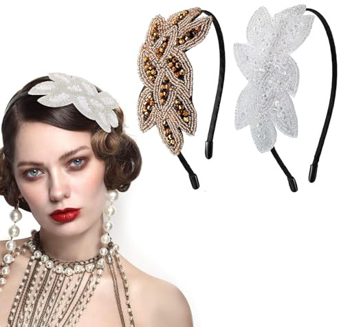 2 Pcs 1920s Headband, 20s Rhinestone Flapper Vintage Hair, Vintage Headbands With Beaded Leaf, Women'S Headbands, for 20s Costume Party, Weddings, Parties and Prom(Gold, White)