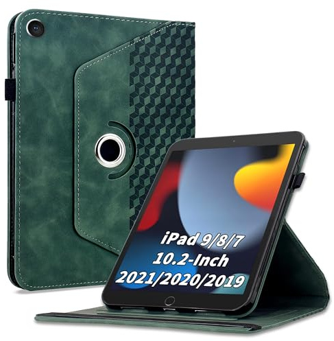 Vkooer 360 Drehbar Hülle Kompatibel mit iPad 9/8/7 (10.2 inch, 2021/2020/2019),90 Grad Drehbar Ständer Hülle, Auto Schlaf/Aufwach Schutzhülle für iPad 10.2-Grün