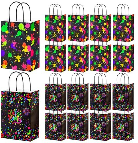 YIMETOP 16 Stück Neon Party Geschenktüten Kindergeburtstag, Glow Kleine Papiertüten mit Henkel, Leuchtet im Dunkeln Mitgebsel Tüten, Partytüten für Kindergeburtstag Neon Fasching, 21x15x8 cm