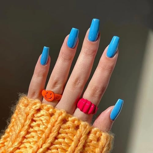 Sky Blue Tip Press on Nails - 24 Pcs Square Fake Nails - Stick on Gel False Nails for Women - Long Lasting,Firm & Not Easy to Fall Off,Harmless,Reusable,Light Soft & Easy to Fit