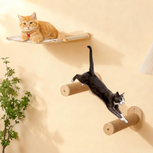 Katzenhängematte Wandmontage,Katzen Kletterwand,Wandmontiertes Kiefernholz Katzenwandmöbel,Katzenleiter Mit Juteseil Für Schlaf,Klettern Und Spielen(Katzenhängematte+2 Leiter)
